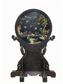 Red Sandalwood Inlaid Gem Stone Carved Pine Tree and Deer Pattern Screen
