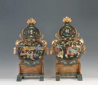 Pair of Gilt Bronze and Bronze Cloisonne Inlaid Gem Stone Carved Character Story Pattern Screen