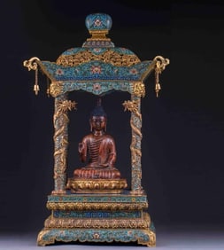 Bronze Cloisonne Carved Flower Pattern Buddha Niche and Wood Sakyamuni Figure