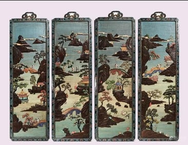 Group of Four Bronze Cloisonne Inlaid Gem Stone Carved Character Story and Landscape Pattern Screen