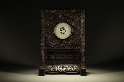 Red Sandalwood Inlaid Jade Carved Dragon Pattern Screen