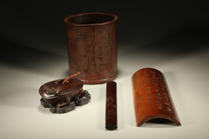 Group of Four Bamboo Carved Poetry and Tree Pattern Washer and Arm Rest & Brush Pot & Paper Weight