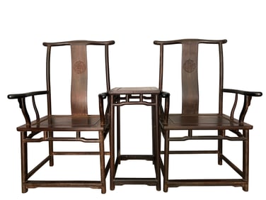Group of Three Rosewood Carved Dragon Pattern Chair and Square Table