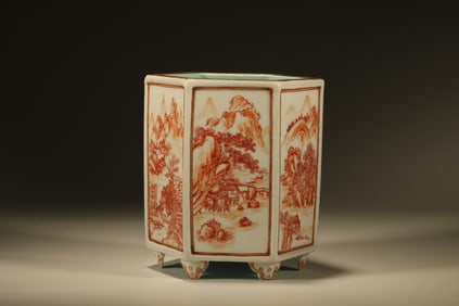 Orange Draw Landscape Pattern Porcelain Brush Pot