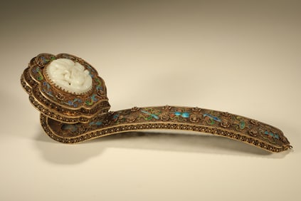 Gilt Silver Inlaid Jade and Blue Enameled Carved Flower Pattern RuYi Ornament
