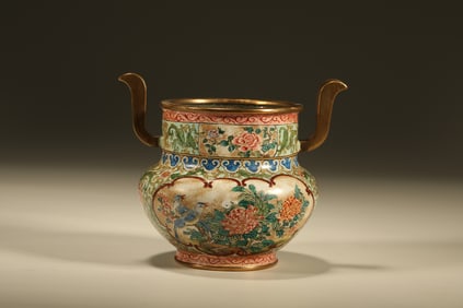 Bronze Enamel Blue Base Flower and Bird Pattern Double Ears Incense Burner