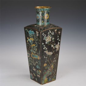 Pair of Bronze Cloisonne Carved Flower and Bird Pattern Vase