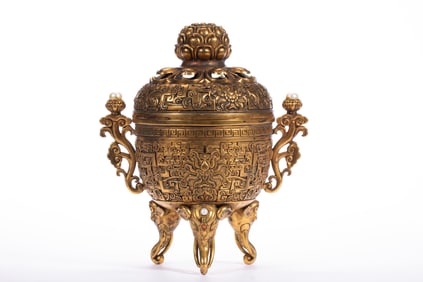 Gilt Bronze Carved Flower Pattern Double Ears Incense Burner