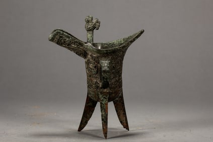 Chinese Bronze Carved Beast Face Pattern Jue Cup