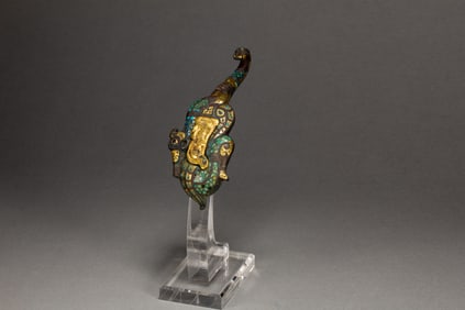 Chinese Bronze Gold and Silver Inlaid Carved Dragon Shape Belt Hook