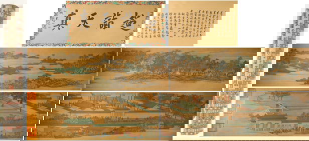 Chinese Drawing Landscape and Character Story Hand Scroll,Lang Shining Mark