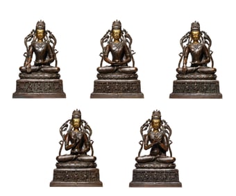 A Tibetan Pala-Style Alloy Copper Five Dhyani Buddhas Inlaid with Silver and Copper