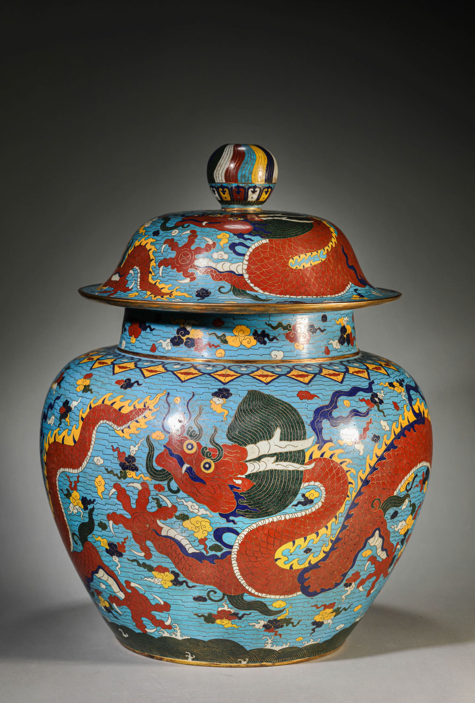 A Cloisonné Enamel 'Dragon in Waves' Jar: A Cloisonné Enamel 'Dragon in Waves' Jar (39 x 54cm,Weight 8.9kg)
