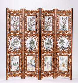A Wood and Porcelain-Inlaid Screen