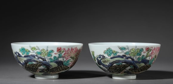 A Pair of Famille-Rose 'Overlapping Branches with Peaceful Life' Bowls