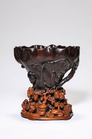 A Wood Carved 'Lotus Leaf' Rhinoceros Horn Cup
