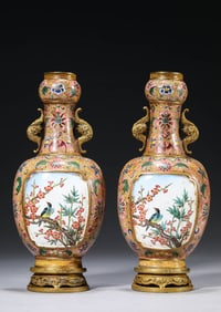 A Pair of Painted Enamel 'Magpies on Plum' Wall Vases