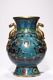A Cloisonné Enamel 'Two Dragons Playing with Pearl' Zun with Phoenix Handles