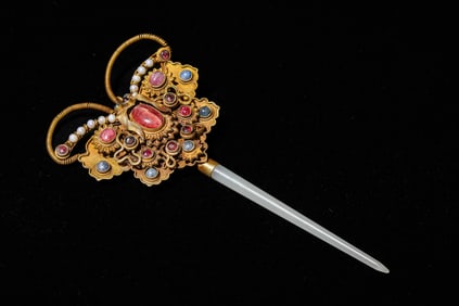 A Gilt-Bronze and Gem-Set Butterfly Hairpin