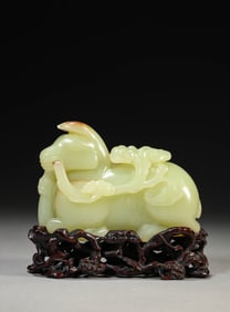 A Yellow Jade Carved 'Deer with Lingzhi'