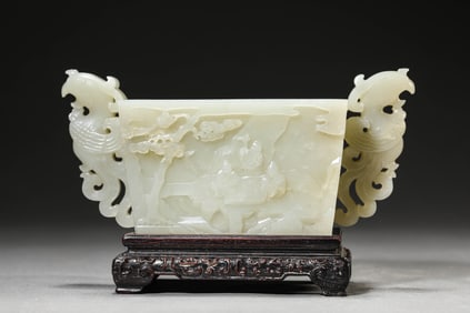 A Jade Carved 'Scholars Under Pine Tree' Censer with Phoenix Handles