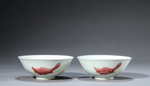 A Pair of Underglaze-Red 'Three Fish' Bowls