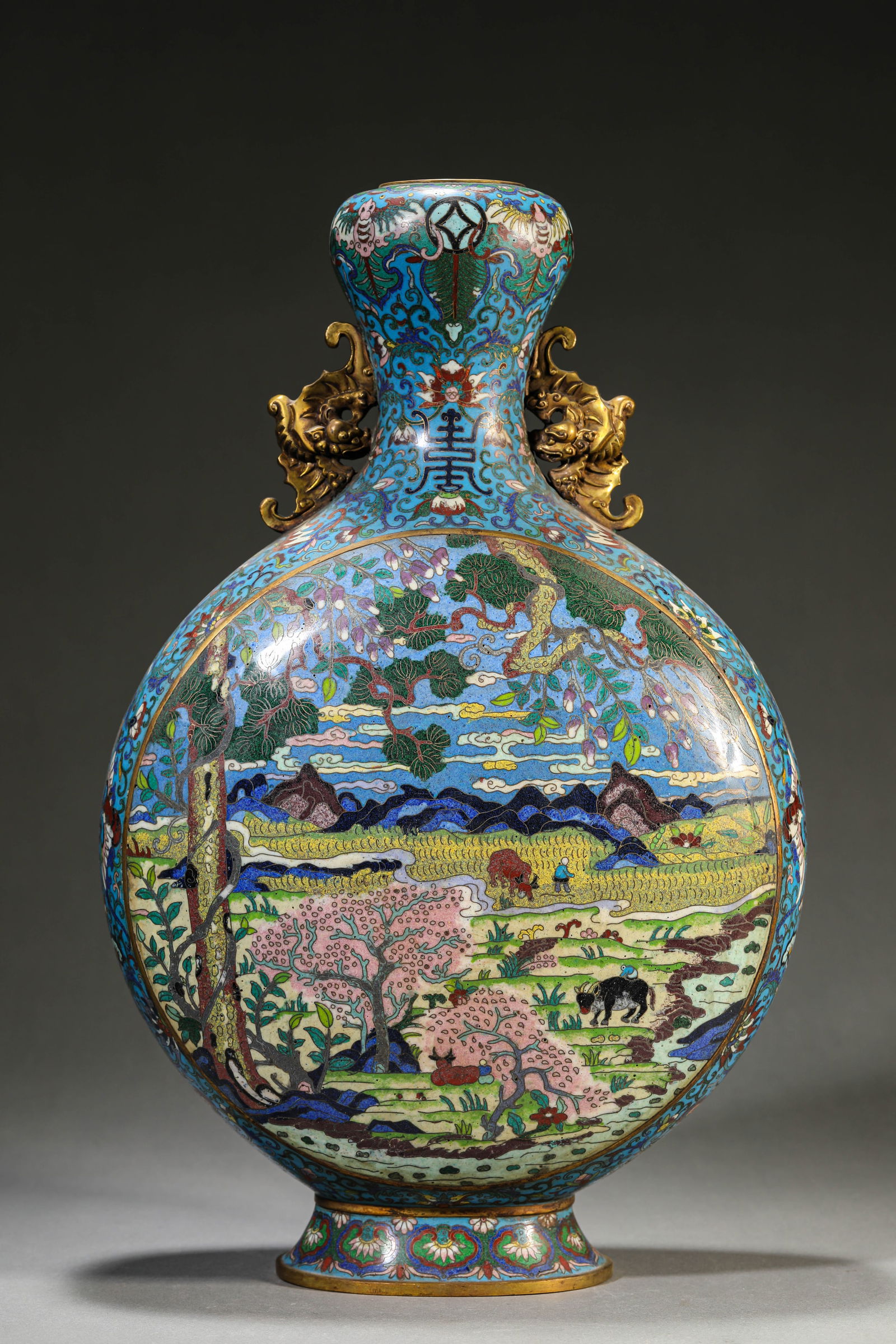 A Cloisonné Enamel 'Reserved Panel Herding Scene' Moonflask: A Cloisonné Enamel 'Reserved Panel Herding Scene' Moonflask (24.7 x 13 x 41cm,Weight 3kg)