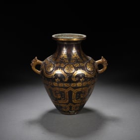 Chinese Bronze Gold and Silver Inlaid Carved Dragon Pattern Double Ears Vase