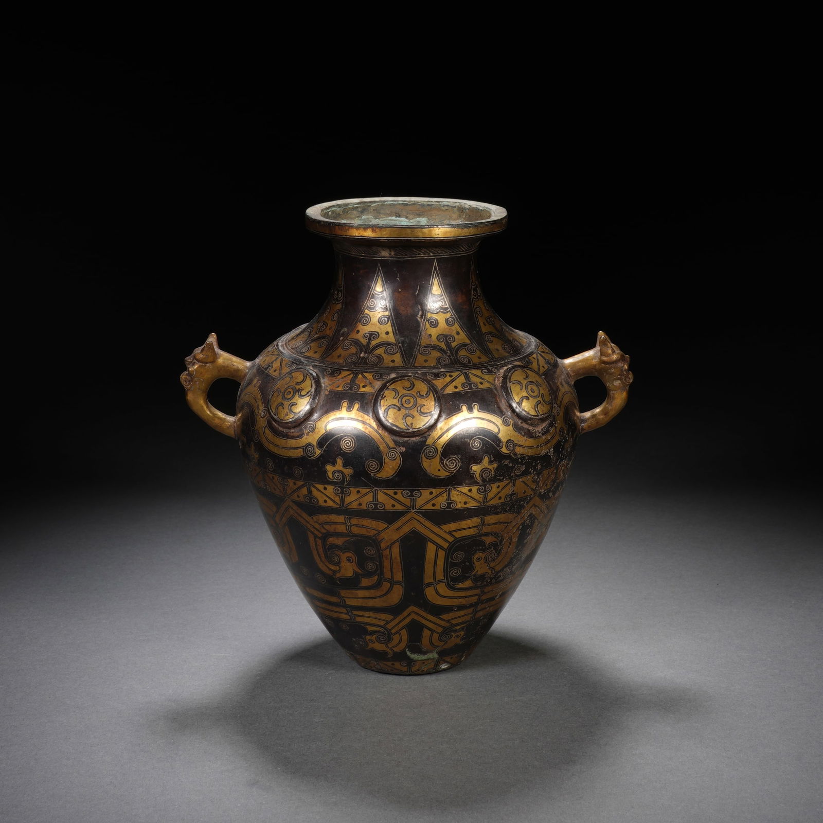 Chinese Bronze Gold and Silver Inlaid Carved Dragon Pattern Double Ears Vase: Chinese Bronze Gold and Silver Inlaid Carved Dragon Pattern Double Ears Vase (15 x 12 x 16cm,Weight 780g)