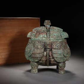 Chinese Bronze Carved Beast Face and Phoenix Pattern Pot