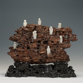 Group of Eight Jade Carved The Eight Immortals Ornament and Wood Base