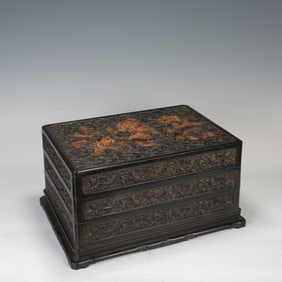 Red Sandalwood Inlaid Boxwood Carved Dragon and Sea Wave Pattern Lid Box