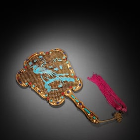 Gilt Silver Inlaid Blue Enameled Carved Flower and Bird Pattern Fan