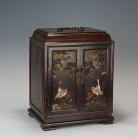 Red Sandalwood Inlaid Gem Stone Carved Pine Tree and Crane Pattern Box
