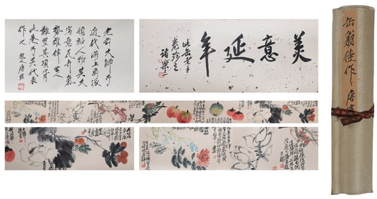 Chinese Drawing Flower and Fruit Hand Scroll,Qi Baishi Mark