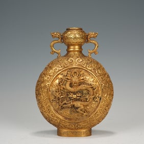 Gilt Bronze Carved Flower and Dragon Pattern Double Chi Dragon Ears Moon Shaped Vase