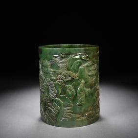 Jasper Jade Carved Character Story and Tree Pattern Brush Pot