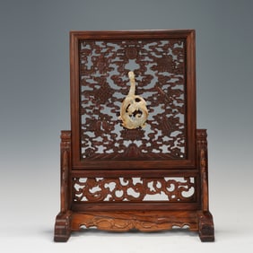 Rosewood Inlaid Jade Carved Dragon and Eight Treasure Pattern Table Plaque