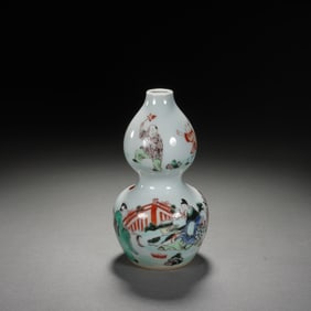 Wucai Character Story Pattern Porcelain Gourd Shape Vase