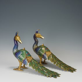 Pair of Bronze Cloisonne Carved Phoenix Shape Figure