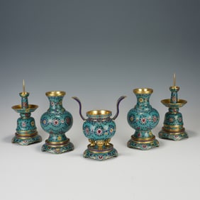 Group of Five Bronze Cloisonne Carved Flower Pattern Vase and Incense Burner & Candlestick