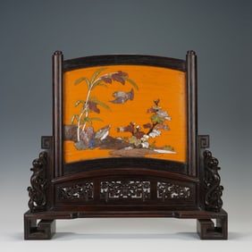 Red Sandalwood Inlaid Gem Stone Carved Flower and Bird Pattern Table Plaque