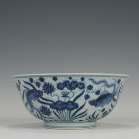 Blue and White Lotus Flower and Fish Pattern Porcelain Bowl