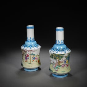 Pair of Famille Rose Playing Children Pattern Porcelain Vase