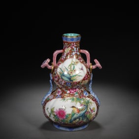 Famille Rose Flower and Bird Pattern Porcelain Double RuYi Ears Gourd Shape Vase