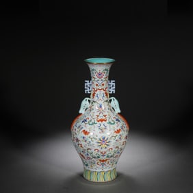 Famille Rose Flower and Bat Pattern Porcelain Double Ears Vase