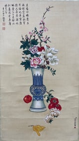 Chinese Drawing Flower and Flower Pot Silk Painting,Lang Shining Mark