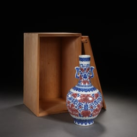 Blue and White Red Inglazed Flower Pattern Porcelain Double Ears Vase