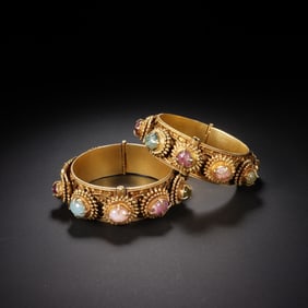 Pair of Gilt Silver Inlaid Gem Stone Carved Flower Pattern Bangle
