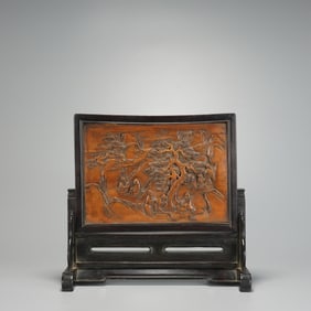 Red Sandalwood Inlaid Boxwood Carved Pine Tree and Character Story Pattern Table Plaque